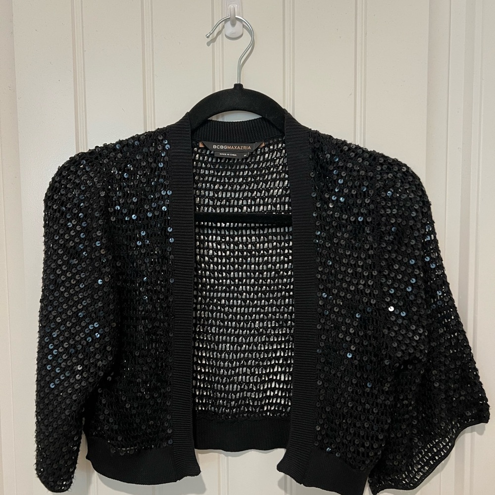 BCBGMaxAzria Black Sequin Cropped Cardigan